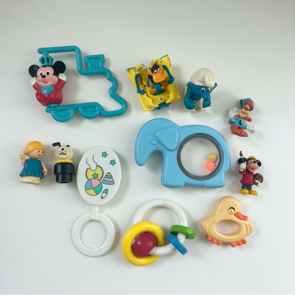 Lot of 11 70s and 80s Baby Toys Rattles Mickey Mouse Smurf Playskool Figures